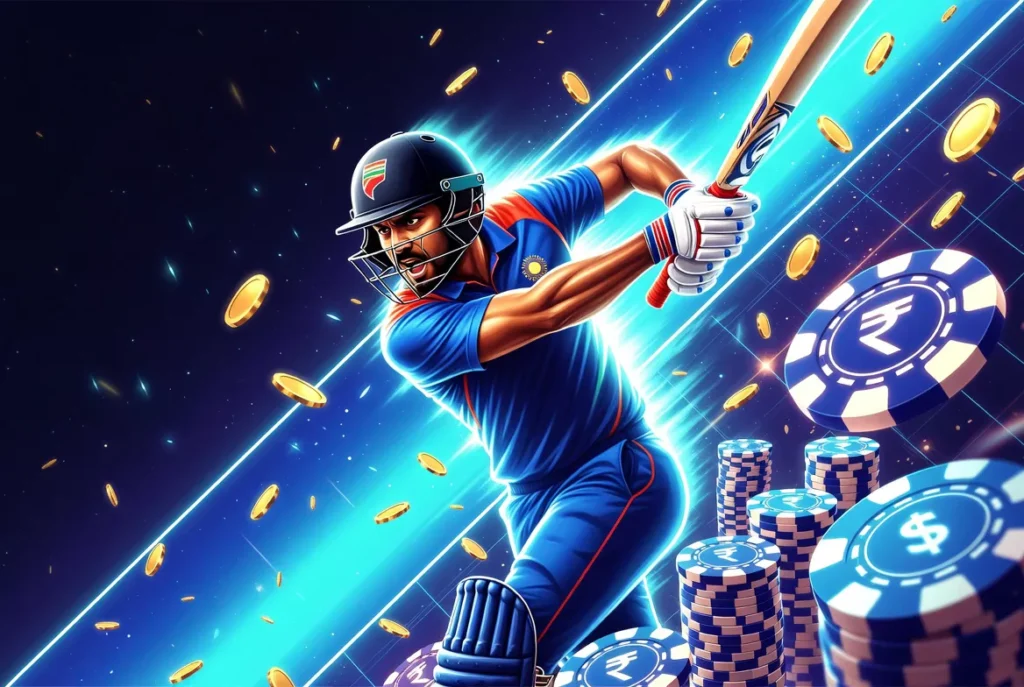 Illustrated Indian cricketer in blue jersey batting powerfully, surrounded by flying gold coins and casino chips featuring Indian Rupee and Dollar symbols, promoting online betting on 1win platform